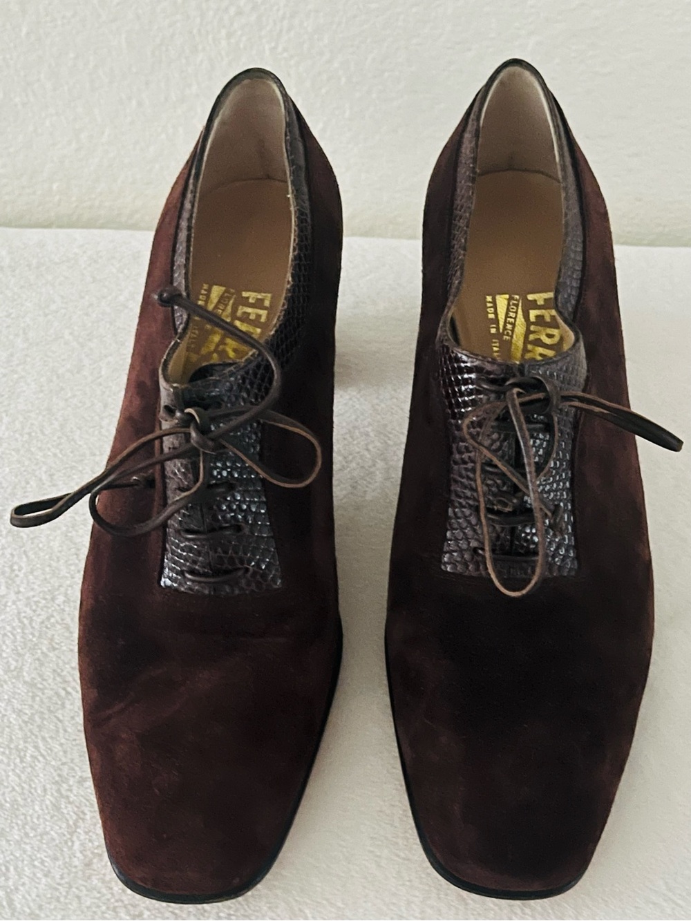 Salvatore Ferragamo Dark Brown Suede Heeled Lace-Up Shoes 6C